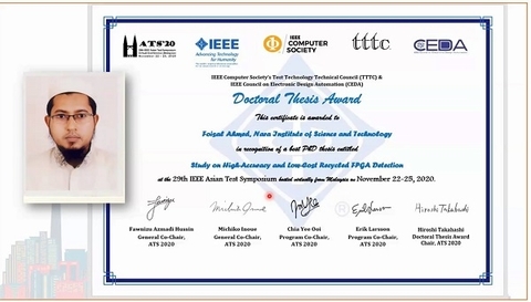 Foisal Ahmed, Ph.D. from Dependable Systems lab received the ATS Doctoral Thesis Award at IEEE Asian Test Symposium (2020/11/25)